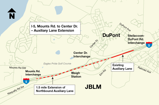 The map shows the extension of the auxiliary lane on northbound I-5 from Mounts Road to Center Drive in DuPont.