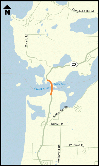 Map of Deception Pass State Park and the State Route 20 bridges.