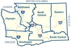Map of Washington state broken into the six WSDOT regions.