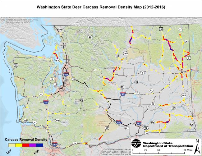 Map of Washington state showing deer and elk collision problem areas. 