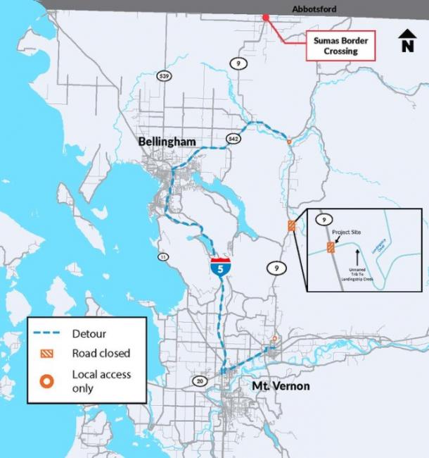 Map showing 68-mile detour associated with SR 9 Unnamed Tributary to Landingstrip Fish Passage
