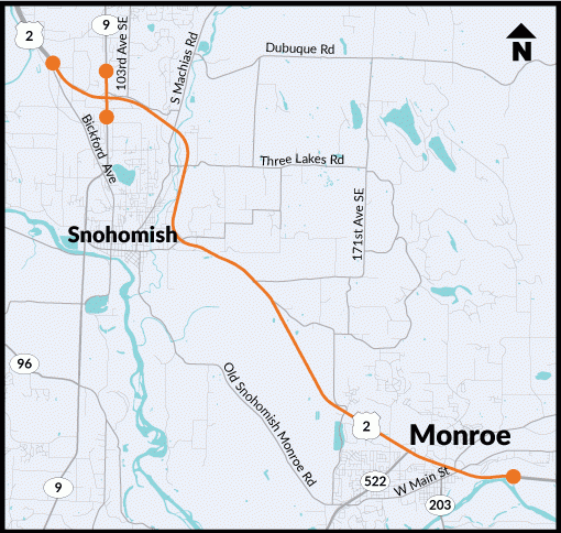 Map with highlighted section on US 2  between Bickford and Gold Bar where WSDOT will be paving 