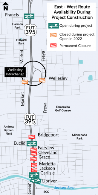 Map location of the Wellesley Ave. temporary closure and permanent closures of roads near the Spokane River.