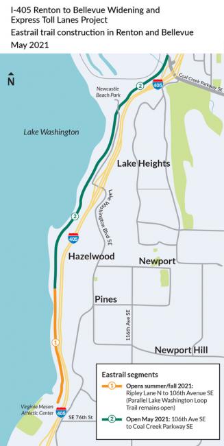 Map showing the segments of the Eastrail that are currently open and opening soon.