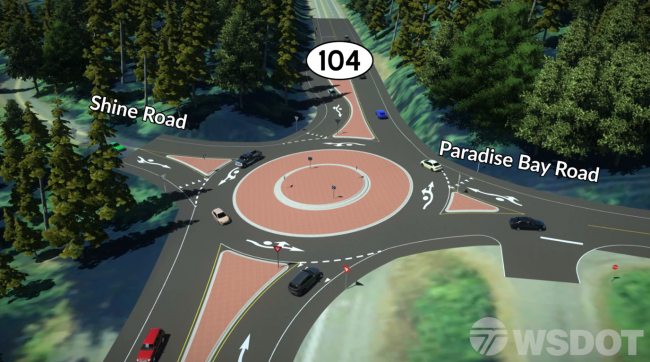 A design visual of what the intersection of SR 104/SR 19 will look like. Crews will also install a roundabout at SR 104/Shine Road in summer 2023. 