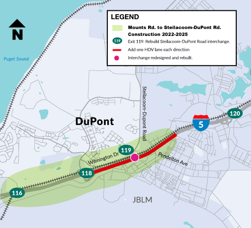 Project map of I-5 improvements at Steilacoom-DuPont Road in Pierce County
