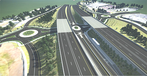 This rendering shows the design concept for the I-405/Northeast 44th Street interchange in Renton. The new interchange will have four roundabouts at-grade creating a boulevard concept for Northeast 44th Street with the mainline I-405 lanes above Northeast 44th Street. 