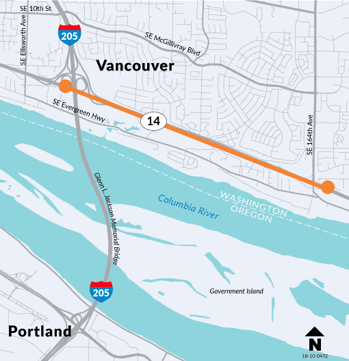 State Route 14 - Interstate 205 to Southeast 164th Avenue Auxiliary Lanes - project location map 