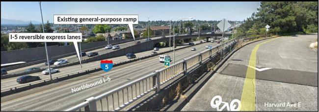 A picture of the existing SR 520 I-5 interchange. Looking over the I-5 freeway, there are two set of lanes visible, one labeled the I-5 reversible express lanes. There is a ramp that connects to the express lanes labeled existing general purpose ramp.