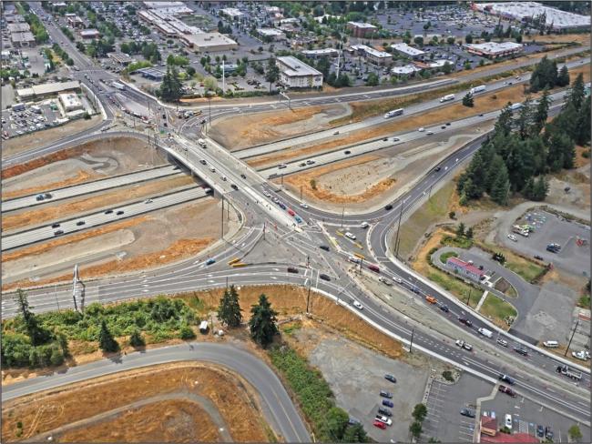 Aerial photo of the Interstate 5 - Marvin Road (State Route 510) diverging diamond interchange