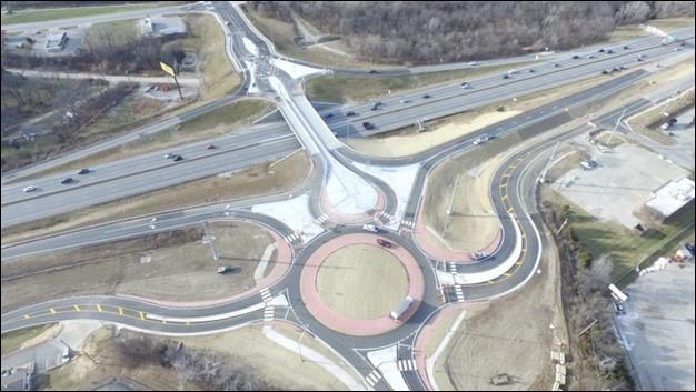 Aerial photo of US Highway 50 and State Route 291 half diverging diamond interchange in Lee Summit, Missouri