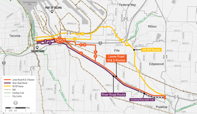 This map shows the alternatives studied for a trail. The new SR 167 alignment was chosen.