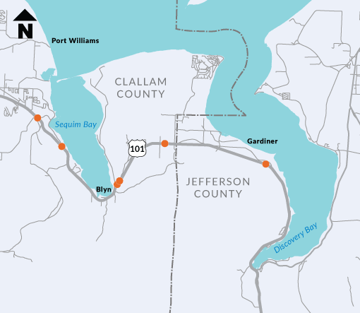 Project map of all six locations being fixed along US 101.