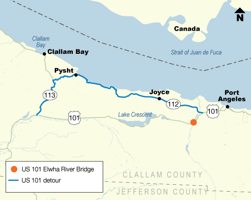 If the US 101 Elwha River Bridge is closed, the detour route is State Route 113 and State Route 112.