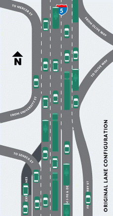 A map showing the current configuration of northbound I-5 near Seneca Street.