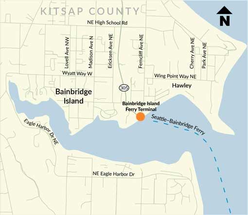 Map showing the Bainbridge Ferry Terminal location and a portion of the ferry route exiting the harbor.