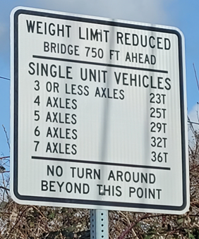 White weight limit reduced road sign with information for single unit vehicles