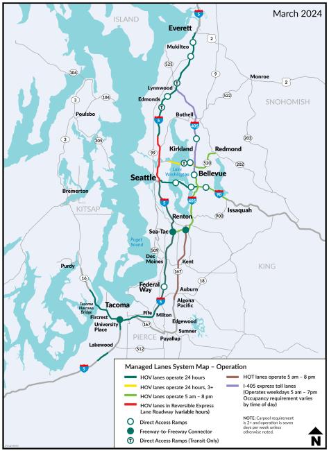 A map showing the Puget Sound area between Everett and Tacoma.  Stretches of I-405, I-5, SR 167 and SR 16 are highlighted in a variety of colors corresponding to a legend in the bottom right corner of the map.  The legend shows that the colors correspond to places where HOV lanes operate 24 hours, 24 hours and require 3+ people, lanes that operate only 5 a.m. to 7 p.m., HOV lanes that are reversible depending on the time of day, High Occupancy Toll lanes on SR 167 and I-405 Express Toll Lanes, both of which