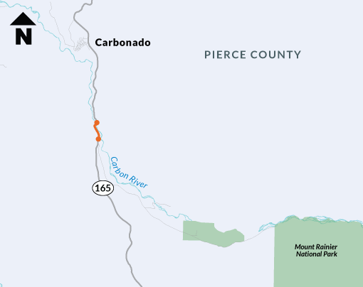 Map that shows the where the emergency repair work is on SR 165 in Pierce County.