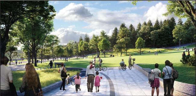 A rendering of a path that leads to an open green space with trees surrounding it. Many people are on the path, walking and rolling.
