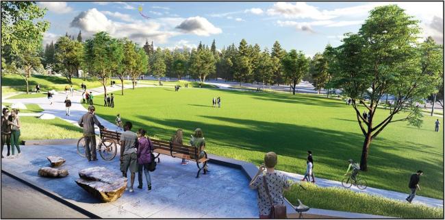 A rendering of a viewpoint that overlooks an open green space. Many people are are the outlook and in and around the green space, walking, sitting, talking, rolling and flying a kite.