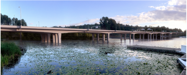 A rendering of a bridge over a body of water. There is forested land behind the bridge and a dock in the foreground.