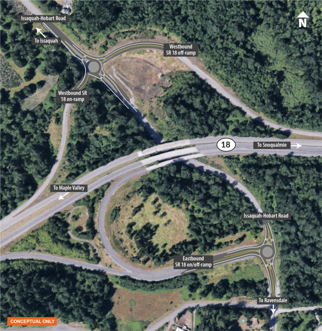 This a conceptual map of where new roundabouts would be located on SR 18 and Issaquah-Hobart Road.