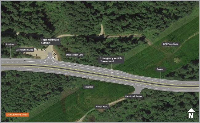 This conceptual map shows improvements to the SR 18 Tiger Mountain summit, including right-in, right-out to the trailhead parking area.