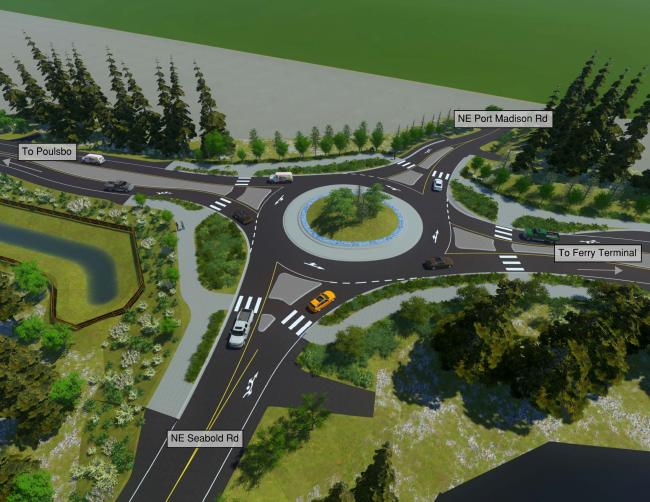 Design visualization of proposed roundabout at West Port Madison Road.  To ferry terminal to the right. To Poulsbo to the left. Northeast Seabold Road to the bottom.