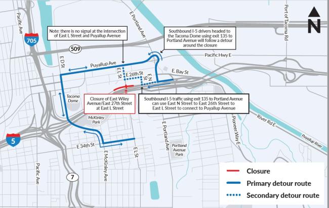 This is a detour map for the closure of the intersection of East Wiley and East L Street in Tacoma.