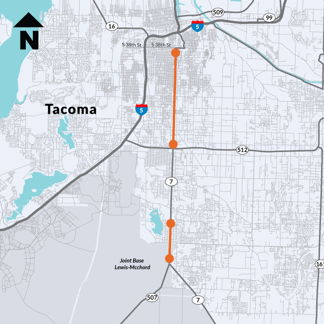 A map of State Route 7 in Pierce County showing paving locations