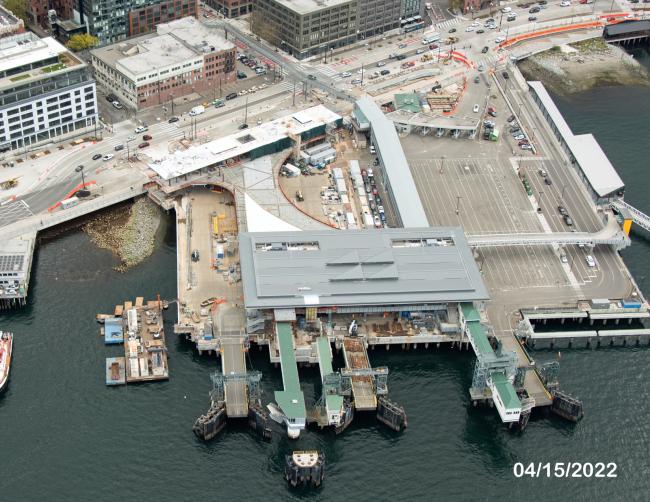 Aerial view of Colman Dock construction April 2022