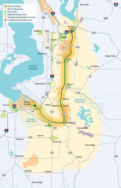 Map showing the SR 167 Master Plan study area in yellow in relation to other landmarks.