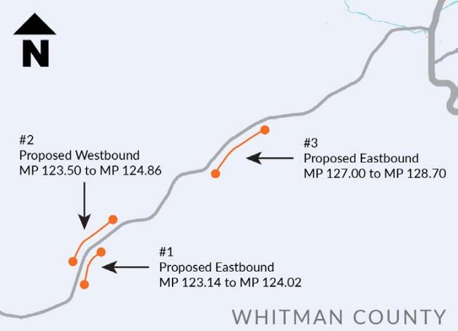 Location of the three climbing lanes that will be located on SR 26 in Whitman County.