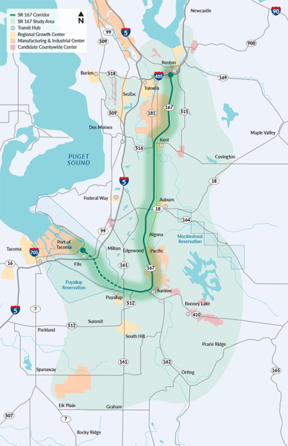 Map that shows the SR 167 Master Plan study area in green