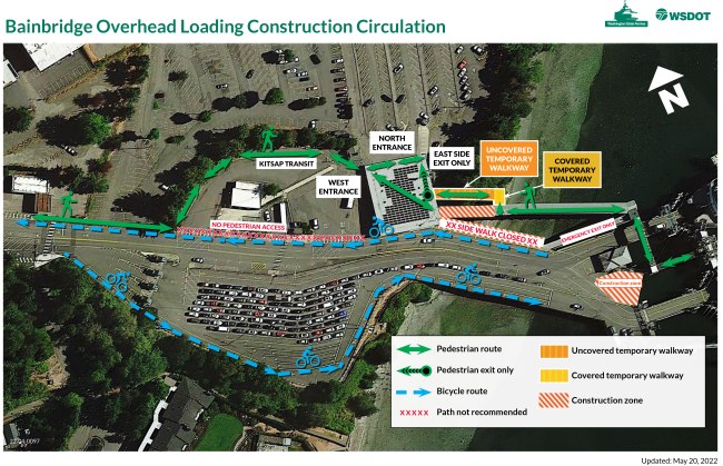 map showing changes for bicycles and pedestrians at Bainbridge terminal