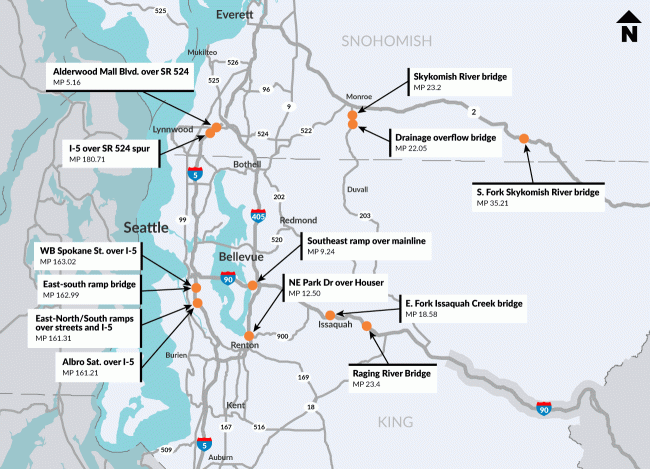 A map showing the locations of bridges in that will undergo deck rehabilitation in King and Snohomish counties
