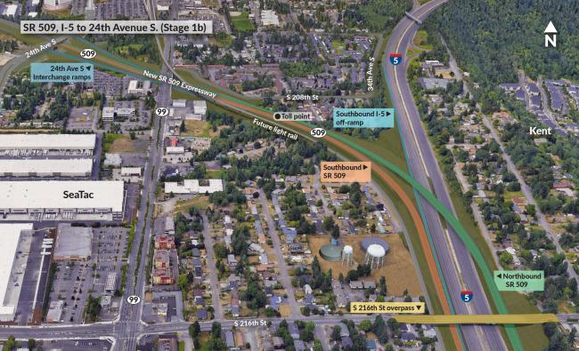 Visualization showing the first new mile of SR 509 and connecting ramps to I-5