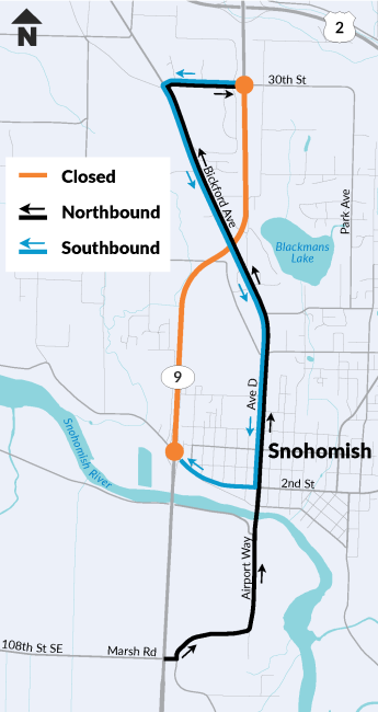 Map of detour for local traffic passing through Snohomish during extended weekend closure of SR 9 near Bickford Avenue