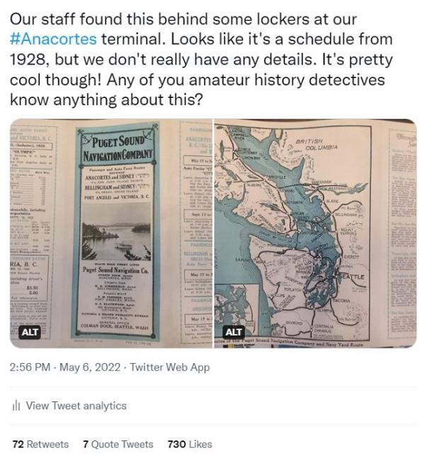 Screenshot of tweet featuring photos of an old ferry schedule from 1928