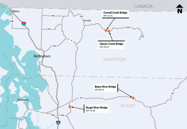 A map showing the locations of bridges that will undergo deck rehabilitation in Skagit and Whatcom counties.