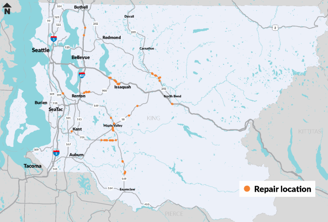 A map of King County that highlights multiple locations for paving repair projects.