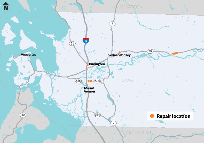 A map of Skagit county that highlights multiple locations for paving repair projects.
