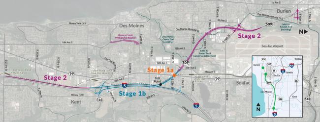 Map showing the construction stages of the SR 509 Completion Project