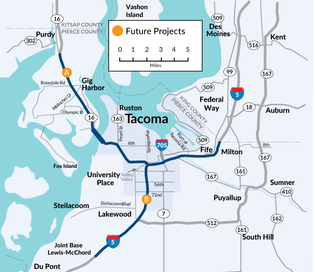 Map showing identified future HOV projects in Pierce County.