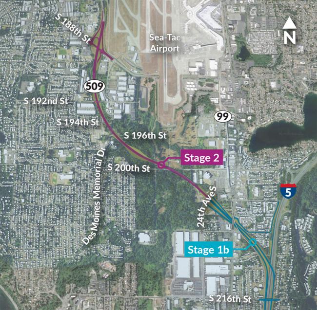 Map showing the route and construction stages of the new SR 509 Expressway