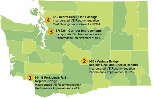 Value Engineering Map showing incorporated VE recommendations and performance improvement