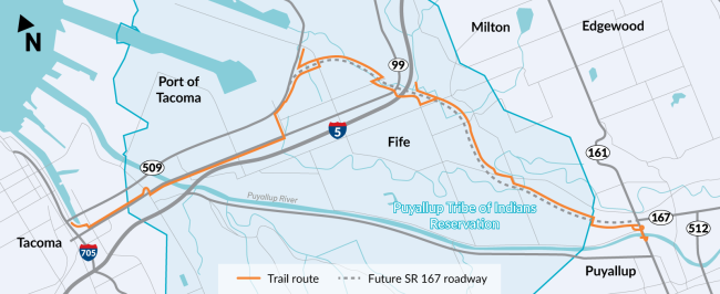 Map showing the final alignment of the future regional trail between Puyallup and Tacoma