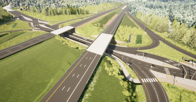 Design rendering of the I-90/SR 18 diverging diamond interchange