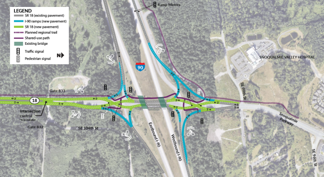 Image of a map showing the diverging diamond interchange design along with multi-modal pathways and ramp reconfigurations.